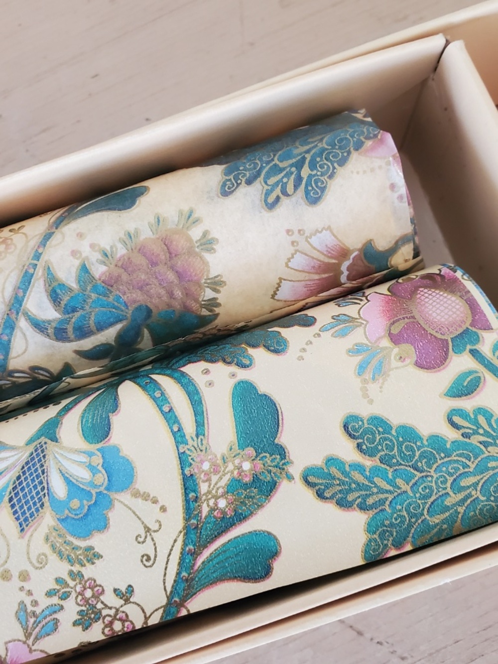 Beautiful Pink Green Gold Floral Wrapping Paper Roll & Matching Tissue & Cards